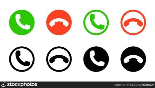 Call icon in phone. Button for answer or decline. Green, red and black icons for end or accept of mobile call. Symbol of incoming and outgoing. Vector.