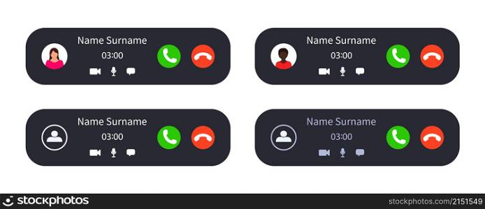 Call interface. Incoming or decline call. Mockup interface for phone screen. Ui with button, video, avatar and chat. App for smartphone isolated on white background. Vector.