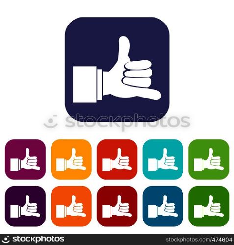 Call me gesture icons set vector illustration in flat style In colors red, blue, green and other. Call me gesture icons set