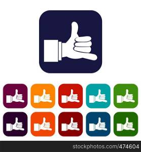 Call me gesture icons set vector illustration in flat style In colors red, blue, green and other. Call me gesture icons set