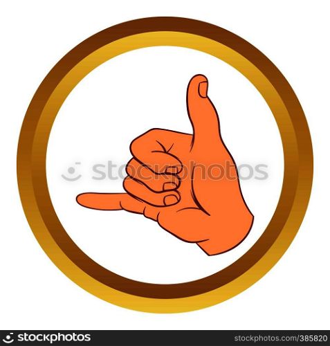 Call me gesture vector icon in golden circle, cartoon style isolated on white background. Call me gesture vector icon, cartoon style