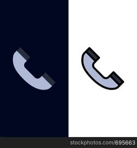 Call, Phone, Telephone Icons. Flat and Line Filled Icon Set Vector Blue Background