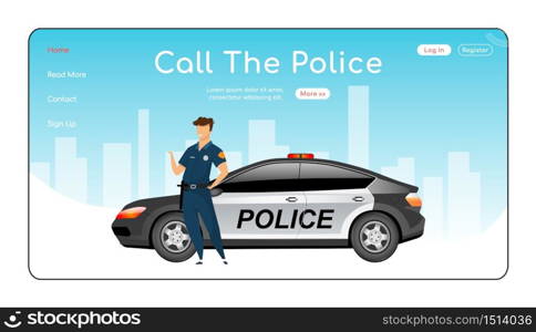 Call police landing page flat color vector template. Law enforcement homepage layout. Civil service one page website interface with cartoon character. Professional police force web banner, webpage