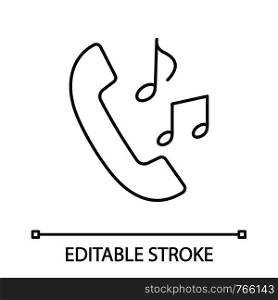 Call ringtones linear icon. Incoming call melody. Thin line illustration. Handset with musical notes. Contour symbol. Vector isolated outline drawing. Editable stroke . Call ringtones linear icon