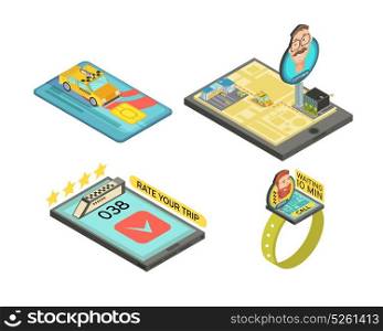 Call Taxi By Gadget Isometric Compositions. Call taxi by gadgets isometric compositions with car trip rating payment card waiting time isolated vector illustration