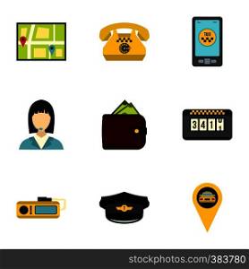 Call taxi icons set. Flat illustration of 9 call taxi vector icons for web. Call taxi icons set, flat style