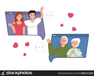 Call to grandparents. Happy family, parents talk with children online. Computer communication, virtual video chatting. Adults decent vector characters. Illustration of happy family communication. Call to grandparents. Happy family, parents talk with children online. Computer communication, virtual video chatting. Adults decent vector characters