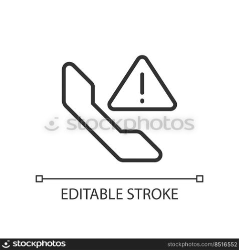 Call warning pixel perfect linear icon. Telecommunication service error. Dialing interruption. Thin line illustration. Contour symbol. Vector outline drawing. Editable stroke. Arial font used. Call warning pixel perfect linear icon
