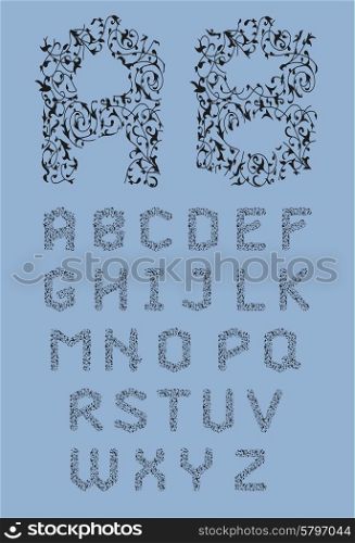 Calligraphic alphabet. Design elements can be used for invitation, congratulation. Digital illustration