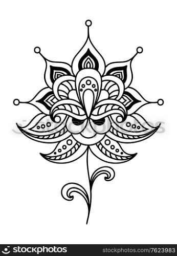 Calligraphic black and white vintage floral design element with a bold flower head and small leaves in persian style. Calligraphic floral design element