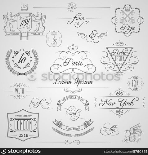 Calligraphic design elements and classic vignette flourish ornament set isolated vector illustration