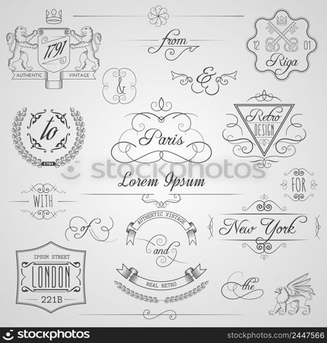 Calligraphic design elements and classic vignette flourish ornament set isolated vector illustration. Calligraphic Design Elements