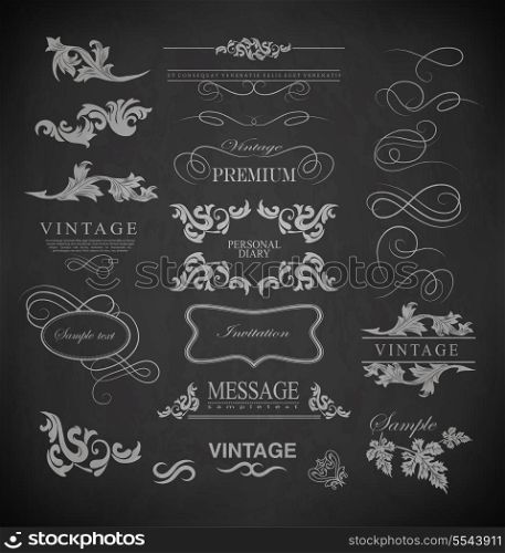 calligraphic design elements, page decoration and labels of drawing with chalk on blackboard