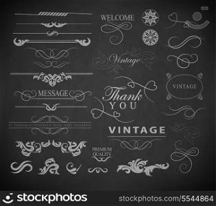 calligraphic design elements, page decoration and labels of drawing with chalk on blackboard