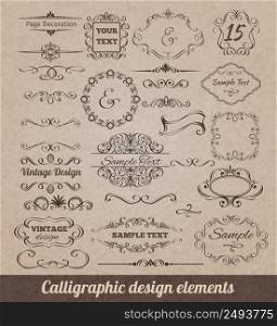 Calligraphic design elements set with card decoration scrolls and vignettes isolated vector illustration. Calligraphic Design Elements
