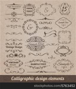 Calligraphic design elements set with card decoration scrolls and vignettes isolated vector illustration. Calligraphic Design Elements