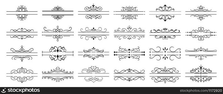 Calligraphic dividers. Decorative retro page divider borders, wedding calligraphic frame and ornamental swirls floral frames. Elegant royal ornamentation vintage vector isolated icons set. Calligraphic dividers. Decorative retro page divider borders, wedding calligraphic frame and ornamental swirls floral frames vintage vector isolated icons set