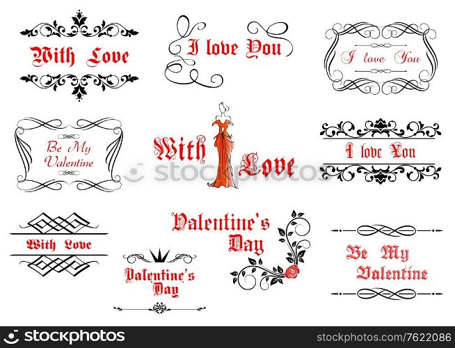 Calligraphic elements with love and valentines details for holiday design