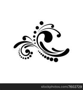 Calligraphic floral motif with swirls and dots isolated. Vector black embellishment, victorian ornament. Floral embellishment, motif with swirls and dots
