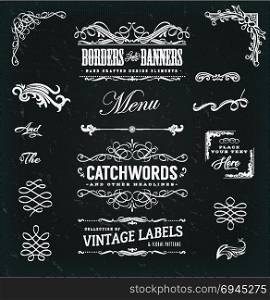 Calligraphic Frames And Banners On Chalkboard. Illustration of a set of vintage corners and borders elements, with calligraphic floral shapes, ampersand, patterns and old-fashioned frame design on chalkboard