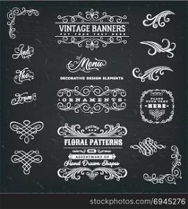 Calligraphic Frames And Banners On Chalkboard. Illustration of a set of vintage corners and borders elements, with calligraphic floral shapes, ampersand, patterns and old-fashioned frame design on chalkboard