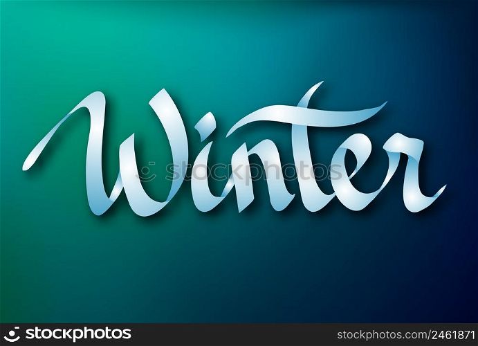 Calligraphic inscription design concept with elegant typographical ribbon Winter word on blue background isolated vector illustration. Calligraphic Inscription Design Concept