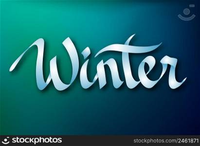 Calligraphic inscription design concept with elegant typographical ribbon Winter word on blue background isolated vector illustration. Calligraphic Inscription Design Concept