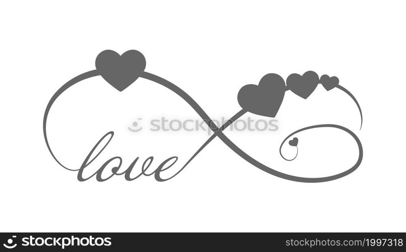 Calligraphic inscription LOVE in the sign of infinity with silhouettes of hearts. flat style.