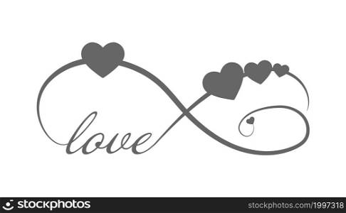 Calligraphic inscription LOVE in the sign of infinity with silhouettes of hearts. flat style.