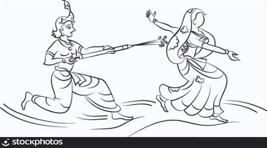 Calligraphic Krishna Playing Holi with Gopi