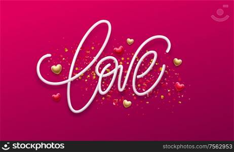 Calligraphic lettering Love. Happy Valentines day concept on a background of golden confetti. Vector illustration EPS10. Calligraphic lettering Love. Happy Valentines day concept on a background of golden confetti. Vector illustration