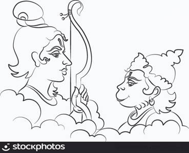Calligraphic Lord Rama the Hindu God with Hanuman (ape, Monkey god)