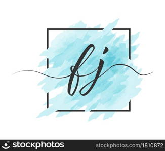 calligraphic lowercase letters F and J are written in a solid line on a colored background in a frame. Simple Style