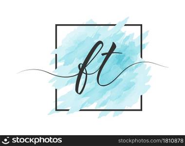 calligraphic lowercase letters F and T are written in a solid line on a colored background in a frame. Simple Style