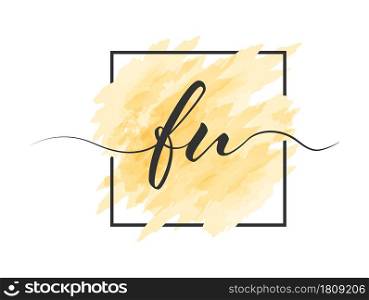 calligraphic lowercase letters F and U are written in a solid line on a colored background in a frame. Simple Style