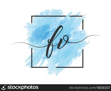 calligraphic lowercase letters F and V are written in a solid line on a colored background in a frame. Simple Style