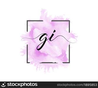 calligraphic lowercase letters G and I are written in a solid line on a colored background in a frame. Simple Style
