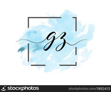 calligraphic lowercase letters G and Z are written in a solid line on a colored background in a frame. Simple Style