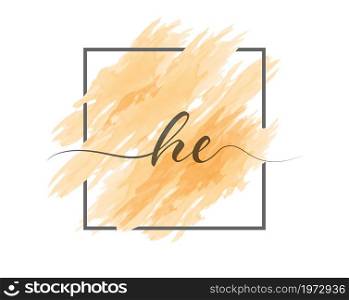 calligraphic lowercase letters H and E are written in a solid line on a colored background in a frame. Simple Style