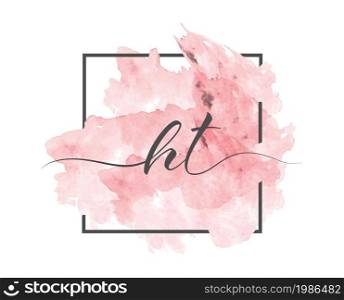 calligraphic lowercase letters H and T are written in a solid line on a colored background in a frame. Simple Style