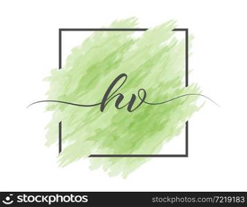 calligraphic lowercase letters H and V are written in a solid line on a colored background in a frame. Simple Style