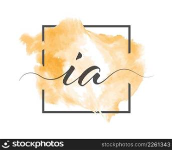 Calligraphic lowercase letters I and A are written in a solid line on a colored background in a frame.