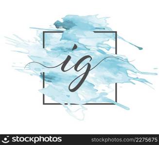 Calligraphic lowercase letters I and G are written in a solid line on a colored background in a frame.