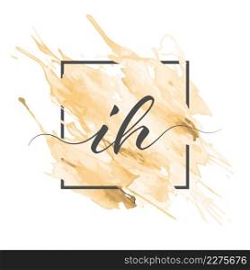 Calligraphic lowercase letters I and H are written in a solid line on a colored background in a frame.