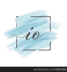 Calligraphic lowercase letters I and O are written in a solid line on a colored background in a frame.