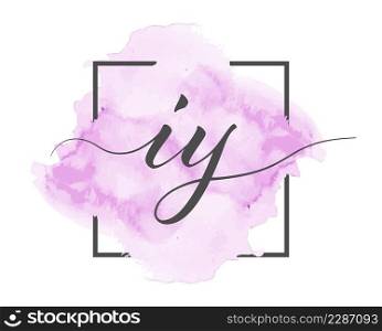 Calligraphic lowercase letters I and Y are written in a solid line on a colored background in a frame.