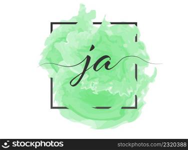Calligraphic lowercase letters J and A are written in a solid line on a colored background in a frame.