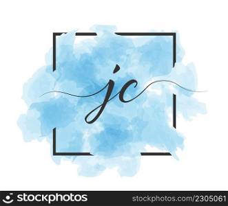 Calligraphic lowercase letters J and C are written in a solid line on a colored background in a frame.