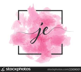 Calligraphic lowercase letters J and E are written in a solid line on a colored background in a frame.