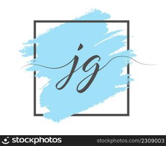 Calligraphic lowercase letters J and G are written in a solid line on a colored background in a frame.